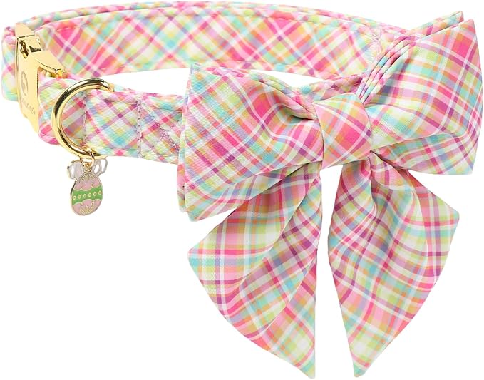 DOGWONG Easer Dog Collar with Sailor Bow,Colorful Plaid Dog Collar, Adjustable Durable Soft Easter Dog Collars for Male Female Dogs,S