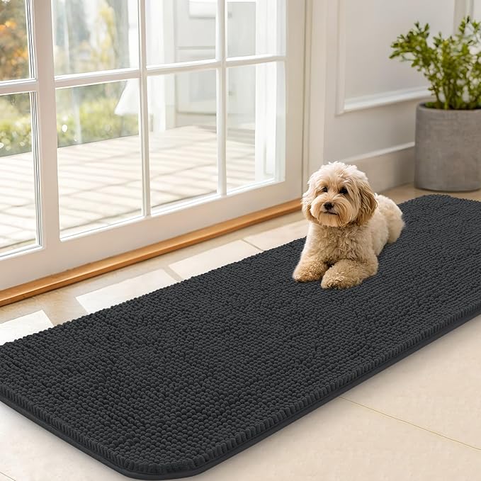 OLANLY Dog Door Mat for Muddy Paws 59x20, Super Absorbent Chenille Mud Mat | Dark Grey, Absorbs Moisture and Dirt, Non-Slip Machine Washable Doormat, Quick-Drying Indoor Entryway Floor Carpet for Dogs