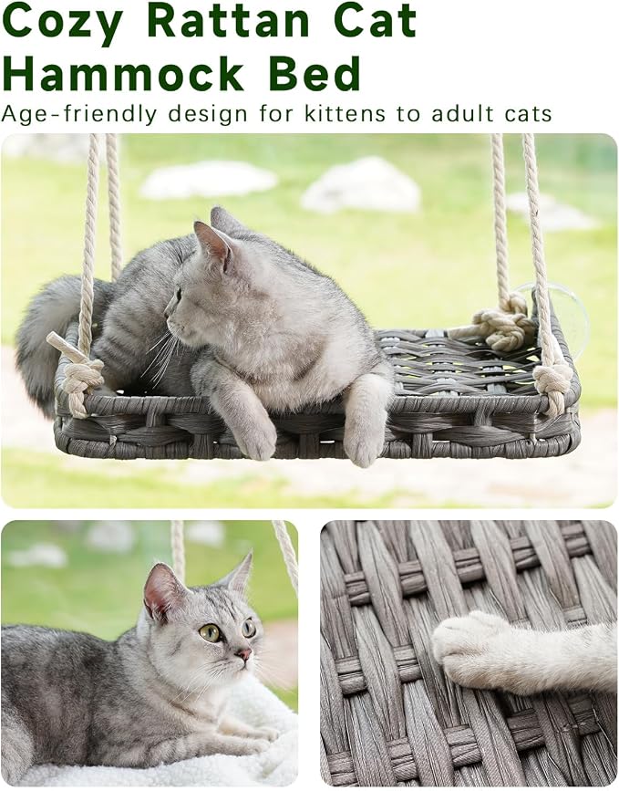 SETVSON Cat Window Perch, Cat Window Hammock Bed for Indoor Cats, Gray | Handwoven PE Rattan Window Seat, 4 Strong Suction Cups, Removable Cat Cushion, 2.3 Inch Fence Shelf, Easy Cat Hair Cleaning