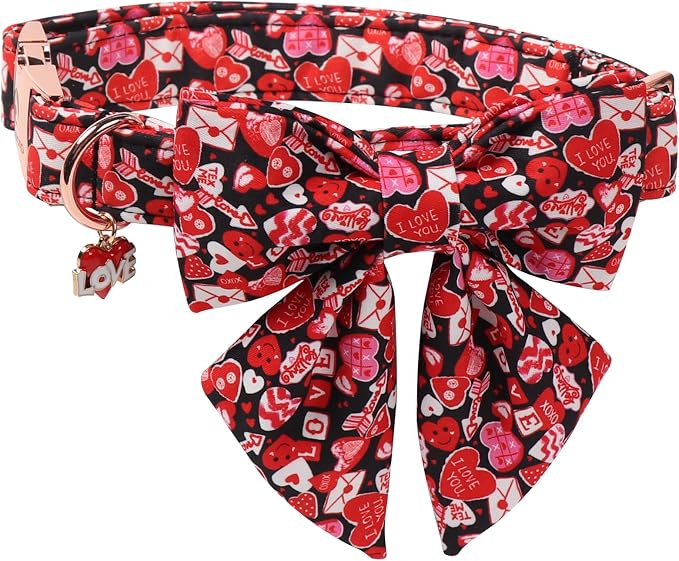 DOGWONG Valentine's Day Dog Collar-Cute Red Heart Dog Collar with Sailor Bowtie, Comfortable Girl Dog Collars with Metal Buckle,S