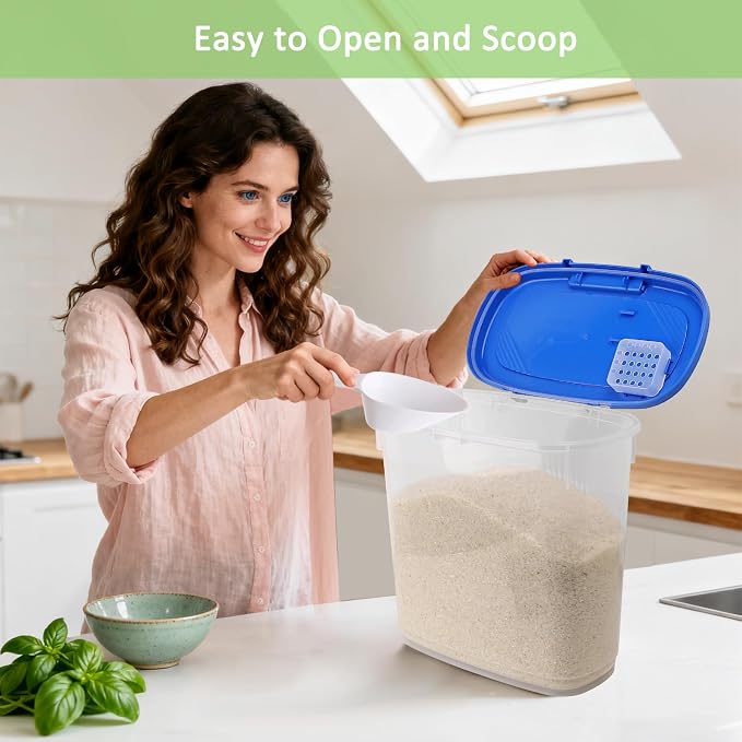 Large Rice Storage Container 15-20 Lbs, Tall Flour Container Dry Food Bin | Slim Food Container with Scoop, Cup for Cereal, Sugar, Beans, Pet Dog Cat Food, Kitchen and Pantry Storage Organization