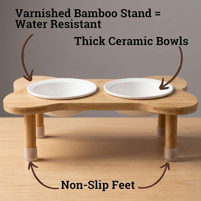 Elevated Dog Bowls for Small Dogs, Set of 2 Ceramic Dog Bowls with Stand | Screw-in Bamboo Legs, Pre-Drilled Holes, Anti-Slip Bamboo Stand, Easy to Assemble, Set of 2 Dog Bowls for Dogs up to 20 lbs