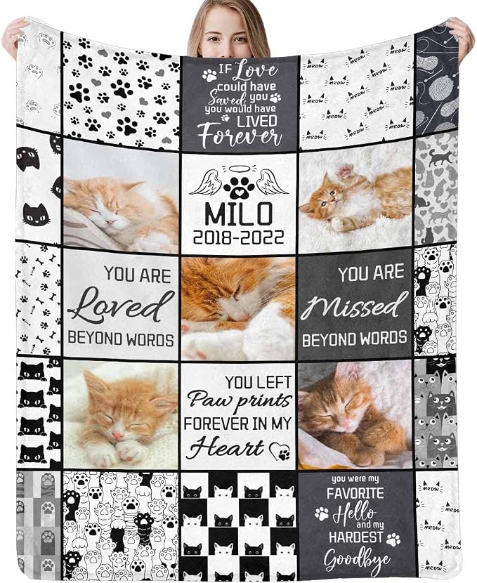D-Story Custom Cat Photo and Name Blanket Pet Sympathy Gift Personalized Cat Sympathy Remembrance Gift for Kids and a Grieving Pet Owner