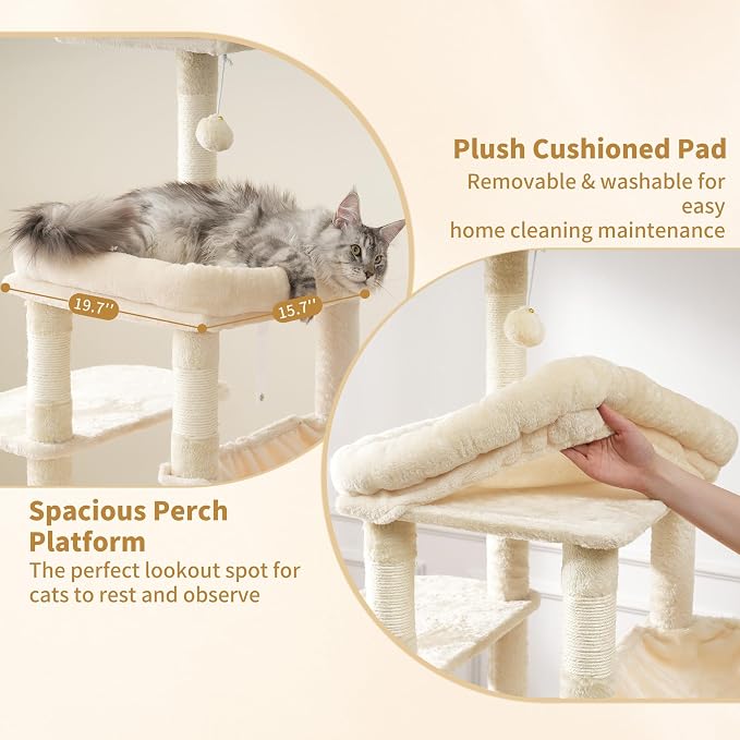Heybly Cat Tree, 71-Inch Tall Cat Tower for Large Maine Coon Cats HCT03MG | Cat Condo Furniture with Extra-Large Baseboard, Multi-Level Platforms, 2 Hammocks and 12 Scratching Posts, Beige