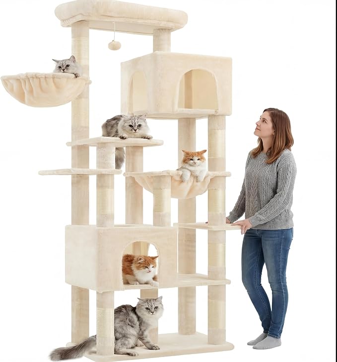 Heybly Cat Tree, 76-Inch Tall Heavy Duty Cat Tower for Big Cats HCT039M | Multi-Level Large Cat Furniture with Extra Wide Baseboard, 2 Condos & 2 Hammocks, 10 Scratching Posts, Beige