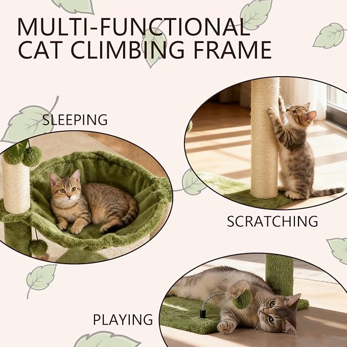 MECOOL Cat Tree for Indoor Cats 35" Tall Cat Scratching Post with Large Cat Hammcok and Hanging Ball Toys Plant Green