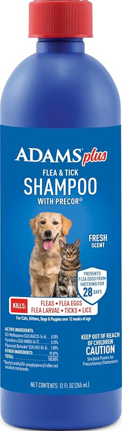 ADAMS Plus Flea & Tick Shampoo with Precor for Dogs & Cats, 12 oz | Flea shampoo for dogs and cats kills flea eggs and lice on contact, helps stop hatching for 28 days