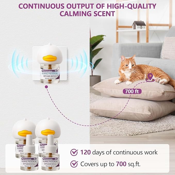 Cat Pheromones Calming Diffuser, Cat Calming Plug In Pheromone Diffuser Starter Kit with 2 Diffusers + 4 Refills - Relieve Anxiety, 120 Days Starter Kit Long-Lasting Stress Relief for Cats (Purple)