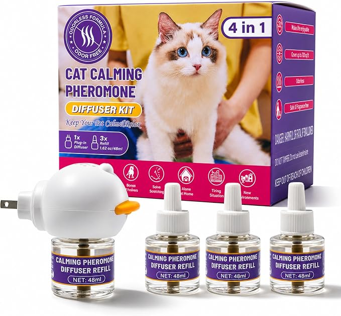 Cat Calming Diffuser with 3 Refills, 3 x 30 Day Cat Pheromone Diffuser for Stress, Fighting, Aggression, Excessive Meowing & Scratching, Best for Multi-Cat Home