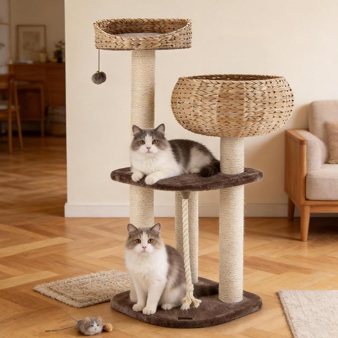 41 Inch Modern Cat Tree for Indoor Cats, Multi-Level Cat Tower with Scratching Posts, Hand-Made Wicker Cat Condo & Top Perch, Dangling Ball, Sisal Rope, Cute Cat Tree for Indoor Cats