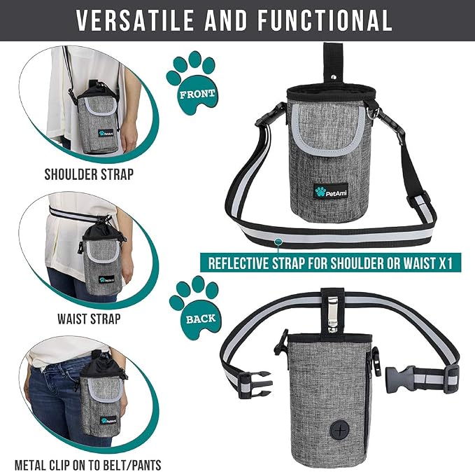 PetAmi Dog Treat Pouch, Large Hands-Free Training Bag, Gray | Built-In Poop Bag Dispenser, Holds 3 Cups Of Treats, 4 Ways to Wear, D-Ring, Reflective Strap, Dog Treat Bag for Walking