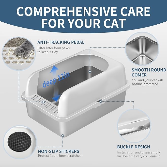 Prodigen Stainless Steel Cat Litter Box with Lid High Wall Sides Enclosure, Non-Sticky, Anti-Leakage, Easy Cleaning, with Cat Mat & Scoop, 19.6" L x 14" W x 12" H