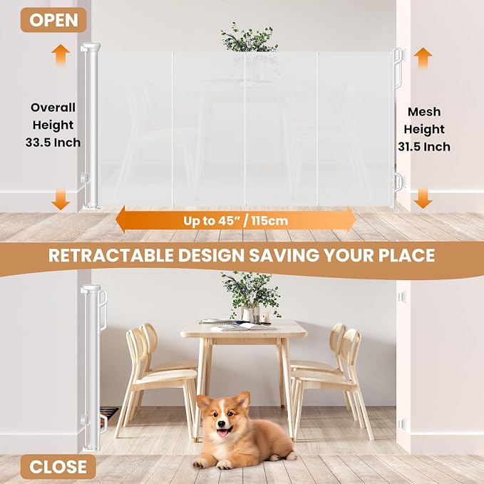 Spaceany Reinforced Retractable Baby Gate or Mesh Dog Gate,Easy to Use for Stairs, Doorways, Hallways, Indoor, Outdoor, Wide Pet Gate 33.5" Tall, Extends to 45" Wide, White