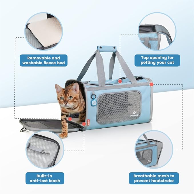 Pawaii Cat Carrier Airline Approved Expandable Breathable Safety Leash | Up to 13 lbs, 16.9 x 10.6 x 10.6 in, QR pet ID tag, top entry, luggage sleeve, soft fleece pad, foldable storage