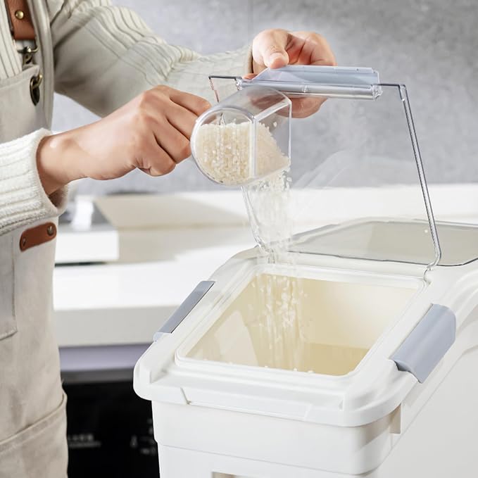 10 Liter / 20 lbs Rice Storage Container with Measuring Cup, BPA free, For Rice | Grain | Pet Food | Flour, 1 count, White