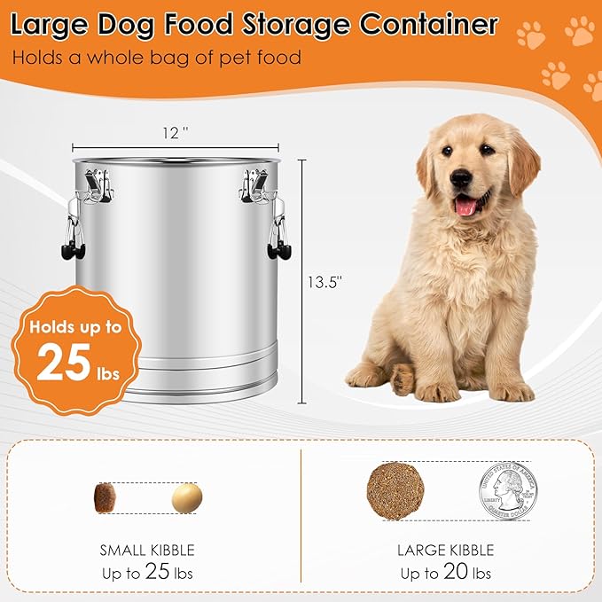 Stainless Steel Dog Food Storage Container,20LB/25LB Airtight Dog Food Storage Container with Lid to Keep Fresh,Easy Clean Large Pet Food Storage Container with Scoop for Cat Food,Chicken Feed,Rice
