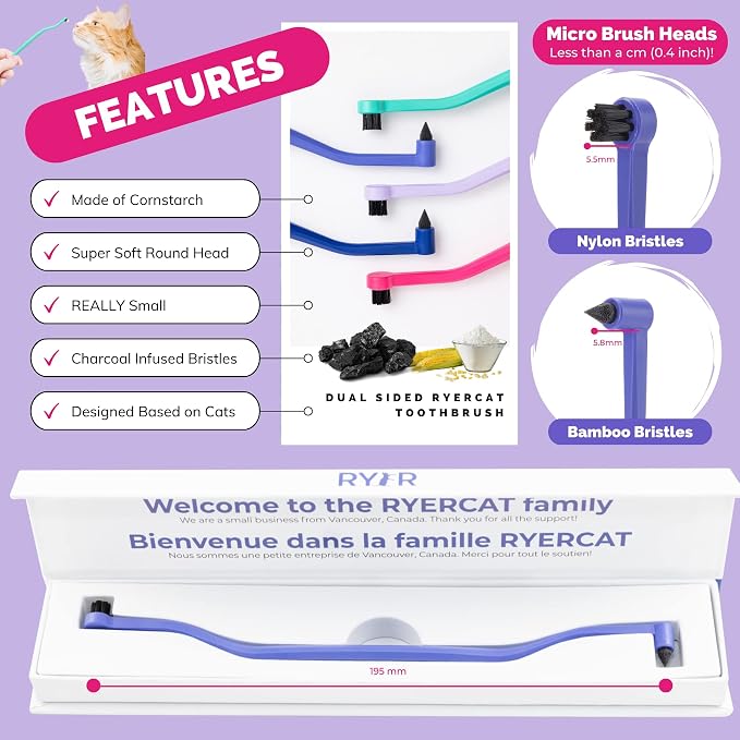 RYERCAT Dual Sided Cat Toothbrush - Kitten Toothbrush with Micro Head for Custom Fit - Cat Dental Care Supplies - Pet Toothbrush for Cats (Amethyst Purple)