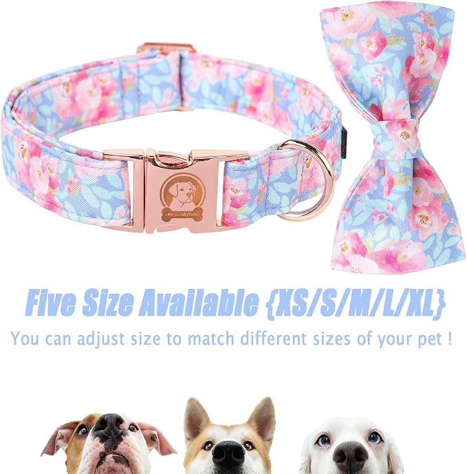 ·MR. CHUBBYFACE· Ink Style Flower Dog Collar with Bow Cute Brown Puppy Collar Bowtie Spring Girl Boy Dog Collars for Small Medium Large Dogs