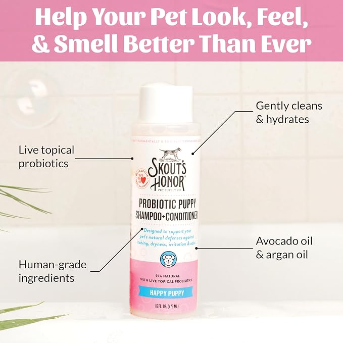 SKOUT'S HONOR Probiotic Puppy Shampoo and Conditioner - Happy Puppy, 16 oz | Natural 2-in-1 for Puppies and Dogs, Microbiome-Friendly with Avocado Oil & Omega-3s, Paraben & Sulfate-Free