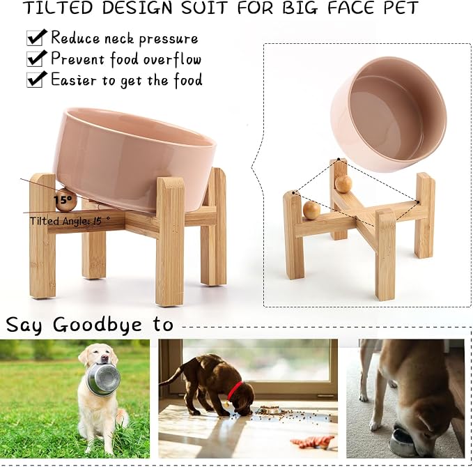Petygooing Khaki Raised/Elevated 15°Slanted Ceramic Dog Bowl for Small Breeds,Tilted Anti Slip Pet Feeding Bowl,Food Water Dish with Stand for Cats and Small Dogs Puppy 13.5 OZ (5.1In / 1.7 Cups)