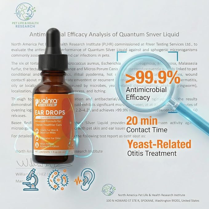 Dog Ear Cleaner Drops for Infection Treatment - 1 Fl Oz | Vet Formulated Patented Quantum Silver Water-Based Drops Soothe Ear Itching, Irritation, Cleans Wax, Odor, Free Finger Cots