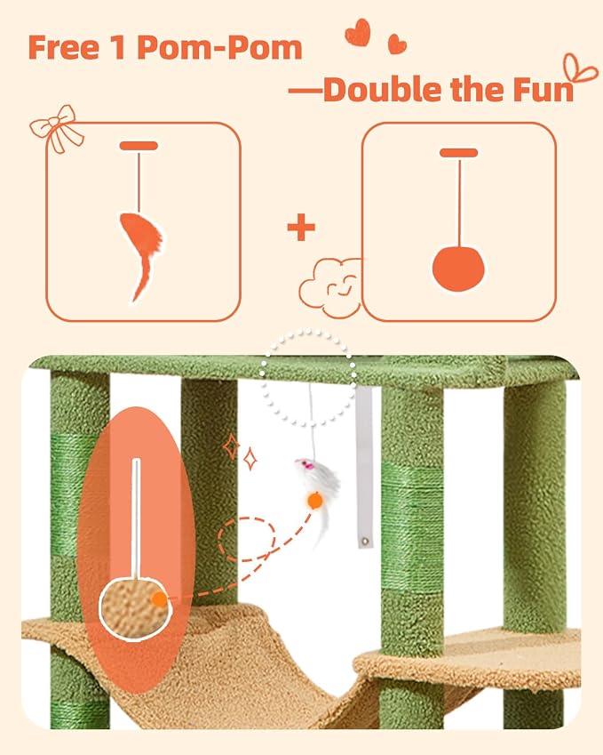 Taoqimiao Cactus Cat Tree, 67 in Tall Cat Tower with 2 Plush Cat Condos | 7 Scratching Posts, 2 Top Perches, Cozy Hammock & Basket, Indoor Cats, 2 Pompoms & Mouse Toy, MS013T