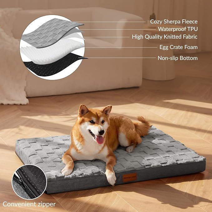 Patas Lague Orthopedic Large Dog Bed Washable Pet Crate Mat 42''X28'' Grey | Egg-Crate Foam Dog Couch For Large Sized Dogs, Waterproof Removable Cover, Soft Pet Bed With Nonskid Bottom