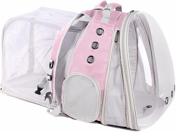 Dual Extension Pet Backpack Carrier for Large Cat and Small Puppy up to 20 Pounds, Clear Space Capsule Astronaut Transparent Bubble Window Pet Vet Travel Visit Bag