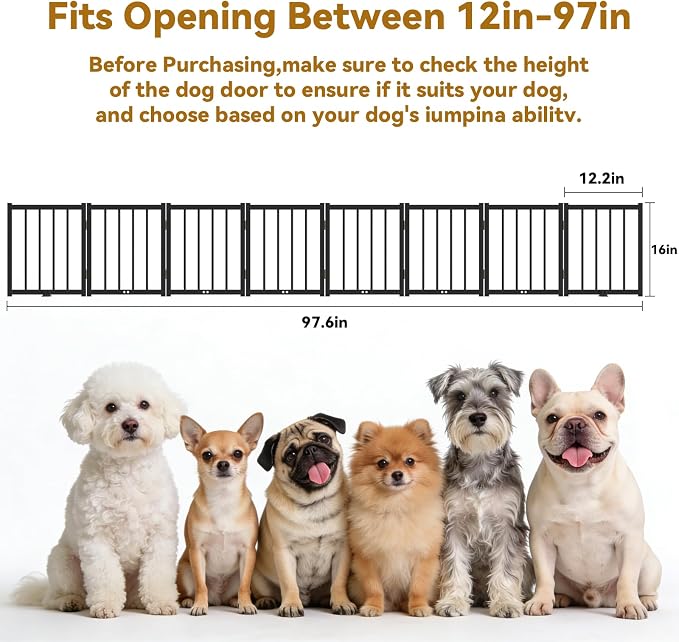 Snuowu 16" Freestanding Short Dog Gate for Small Dogs – Foldable & Retractable, Expands Up to 96" Wide, 8-Panel Pet Barrier for Doorways, Stairs & Hallways (Black)
