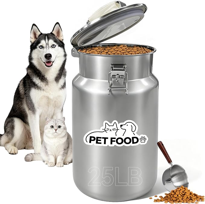 Newget 25 lb Stainless Steel Airtight Dog Food Storage Container with Scoop | Pet Food Storage, Large Capacity, Rust-Resistant Steel, Sturdy & Durable, Airtight Design, Moisture Protection, Easy to Clean