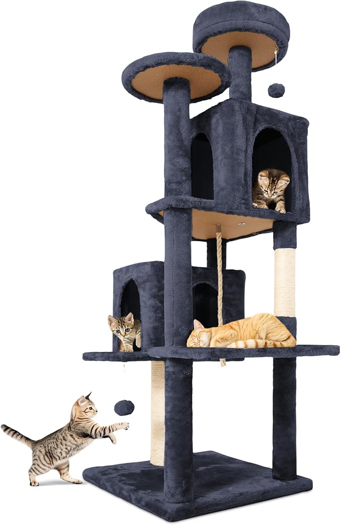 58.5inch Large Cat Tree Tower Condo for Indoor Cats, Soft Plush Multi-Level Climbing Tree Cat House with 2 Cat Cave, Scratching Post, More Entrance/Exit, Sisal Staircase, Light Black