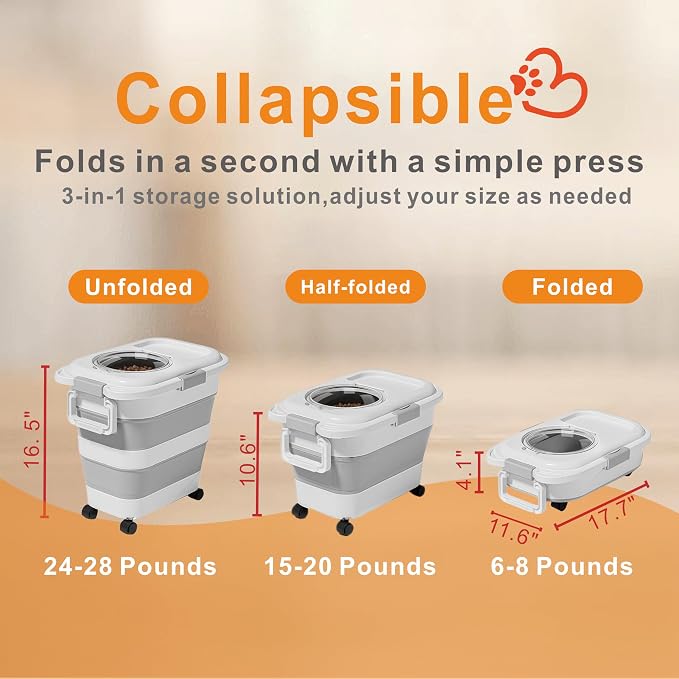 24-28 Lbs Airtight Collapsible Dog Food Storage Container with Wheels & Scoop – Foldable Pet Food Storage Bin for Dog & Cat Food, Animal Food Storage, Dog Supplies Storage Container