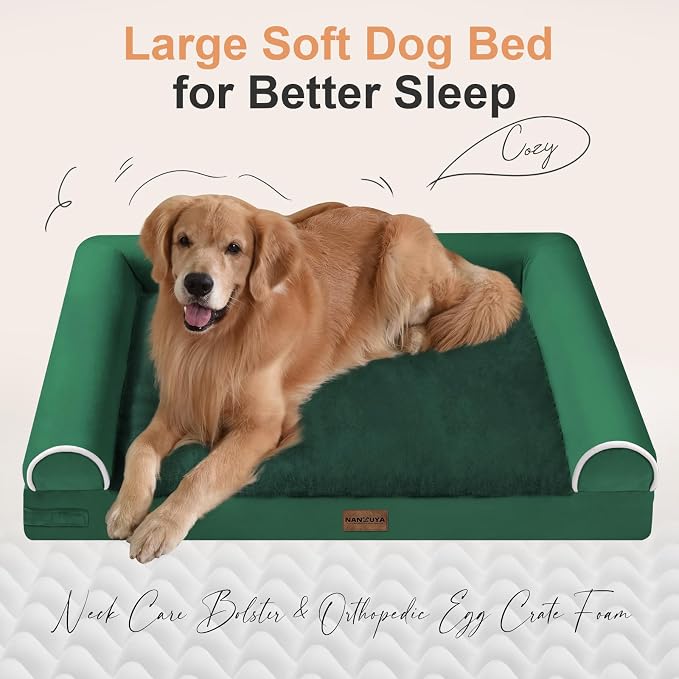 NANUYA Orthopedic Dog Bed for XX-Large Dogs, 44 x 34 Inch, Emerald | Egg crate foam for joint support, 3-sided bolster pet sofa, waterproof lining, washable cover, and non-skid base