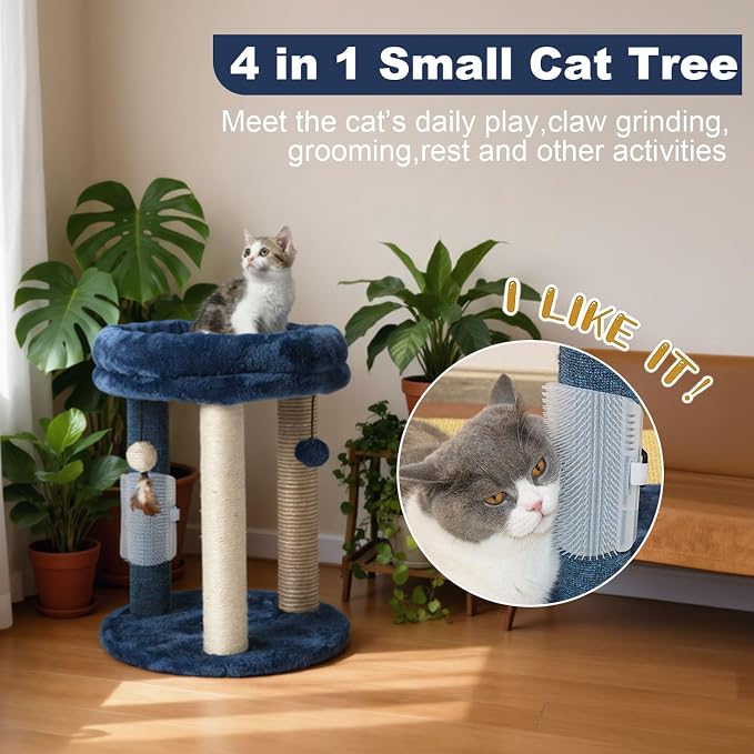 MECOOL Cat Scratching Post Tree with Tower Soft Bed.Natural Quality Sisal Carpet Jute Scratch Posts with Three Hanging Ball Toys and Massage Brush for Indoor Cats and Kittens Blue