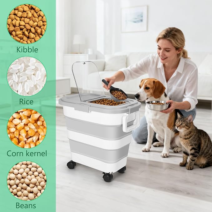 30LB Dog Food Storage Container with Wheels, Lid, Handle, Cup and Scoop | Collapsible Pet food Storage Containers, Airtight Food Storage Bin for Cat Dog Kibbles, Bird Seed, Rice, Flour, Cereal -Grey