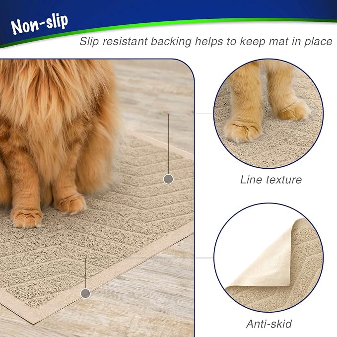 Cat Litter Box Mat(No. 02-2), Kitty Premium PVC Pad, Durable Trapping Rug, Phthalate Free, Urine-Resistant, Scatter Control, L 35 x 23, Beige