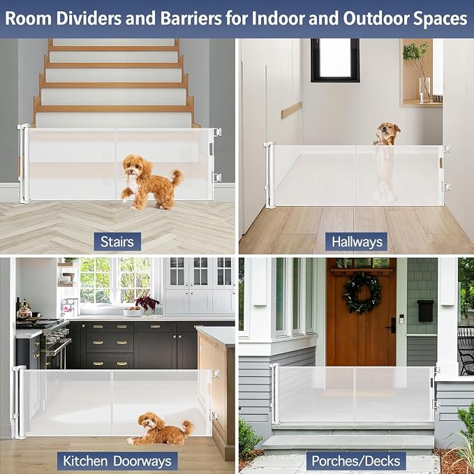 Reinforced 18" Tall Retractable Gate Step Over Dog Gate, 55" Wide Mesh Gate Short Pet Gate Indoor/Outdoor Retractable Dog Gate, Small Gates for Pets Puppy Gates for The House - No Bottom Squeeze/White
