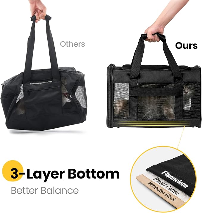 Conlun Cat Carrier Airline Approved, Soft-Sided Dog Carrier with Inner Safety Leash, Pet Transport Carrier for Small-Medium Cats Puppies up to 15 Lbs, Collapsible Travel Kitten Carrier Bag -BlackM
