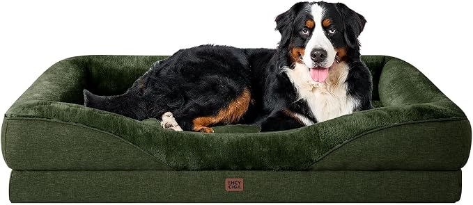 EHEYCIGA Orthopedic XXL Dog Bed for Large Sized Dog, 52x41 Inch Extra Large Memory Foam Dog Couch Bed with Sides, Waterproof Liner & Washable Removable Cover, Bolster Pet Sofa, Dark Green