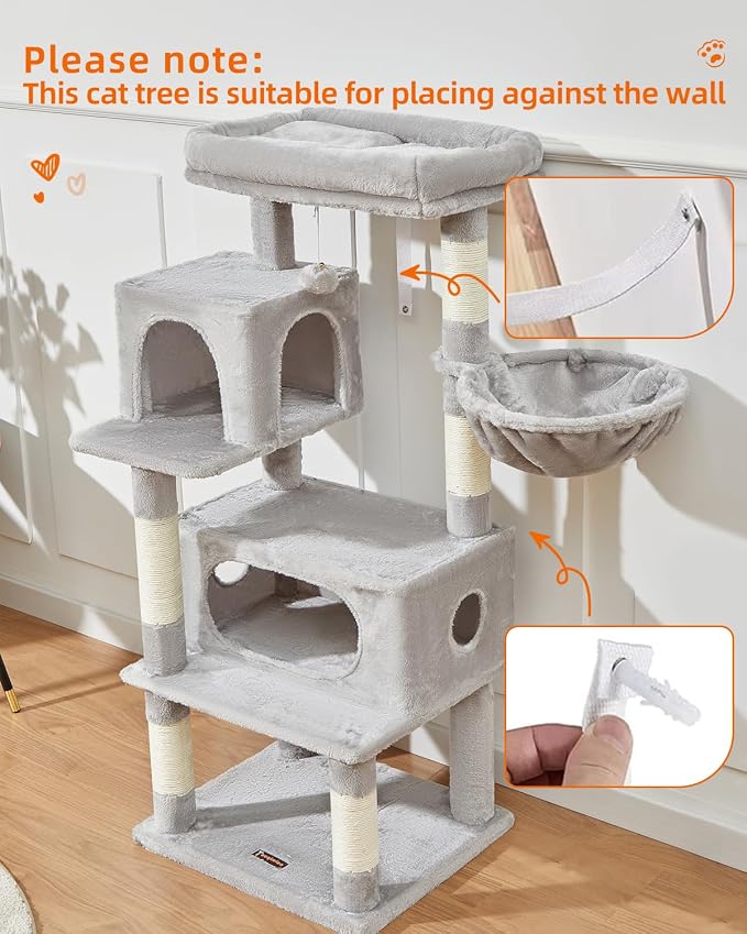 Taoqimiao Cat Tree, 49In Cat Tower for Indoor Cats Large Adult | 2 Luxurious Cat Condos, Thick Padded Top Perch, Adjustable Hanging Baskets, 5 Scratching Sisal Posts, Light Gray MS029LW