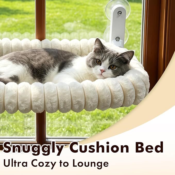AMOSIJOY Cordless Cat Window Perch, Window Hammock for Cats with 4 Strong Suction Cups, Solid Metal Frame and Cushion Bed Cover, Indoor Cat Bed (L,Stripe)
