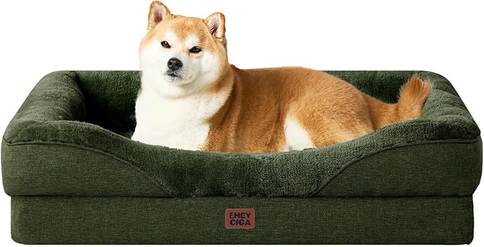 EHEYCIGA Orthopedic Dog Bed for Large Sized Dog, 36x27 Inch Large Memory Foam Dog Couch Bed with Sides, Waterproof Liner & Washable Removable Cover, Bolster Pet Sofa, Dark Green