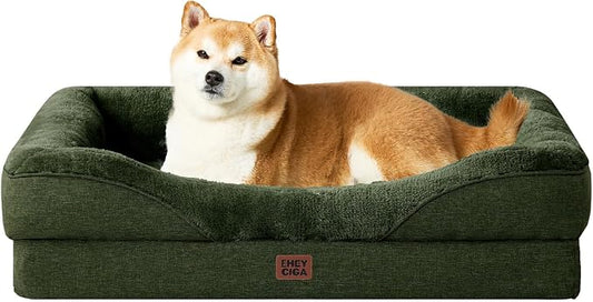 EHEYCIGA Orthopedic Dog Bed for Large Sized Dog, 36x27 Inch Large Memory Foam Dog Couch Bed with Sides, Waterproof Liner & Washable Removable Cover, Bolster Pet Sofa, Dark Green