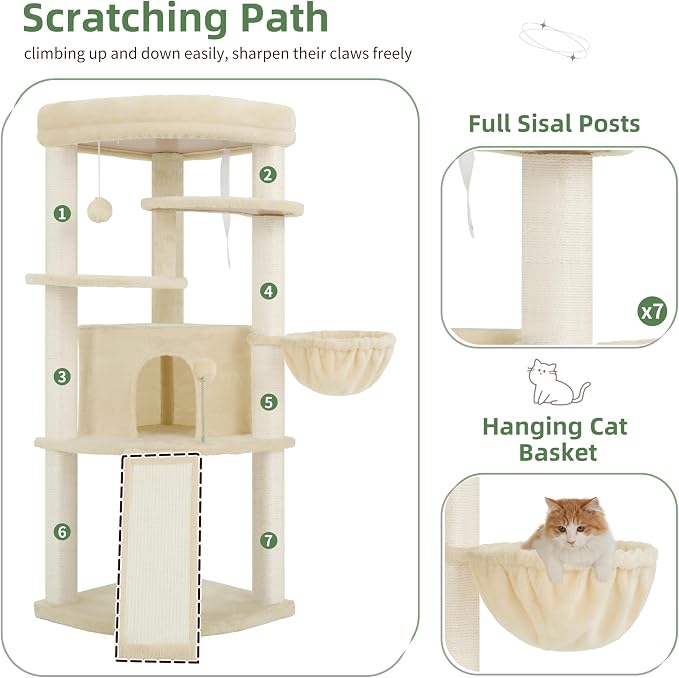 Corner Cat Tree Tower with All Sisal Scratching Posts GCT025MU | 44.1" Cat Furniture with Multi-level Cat Condo, Cat Cave, Hanging Basket, Sisal Scratching Ramp for Indoor Cats, Beige