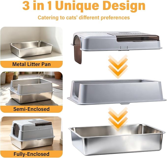 XXXL Stainless Steel Litter Box with Lid, Enclosed Metal Cat Litter Box | Extra Large Litter Boxes for Big Cat, Multiple Cats,Odor Control,Anti-Leakage, Includes Scoop & Pedal,27.75 x 19.75x 15.7