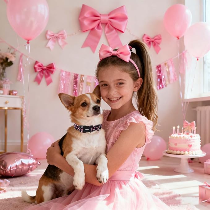 DOGWONG Pink Dog Collar, Comfortable Adjustable Black Pink Bow Girl Female Dog Collar with Plastic Buckle for Small Medium Dogs, Neck 11-16 inches