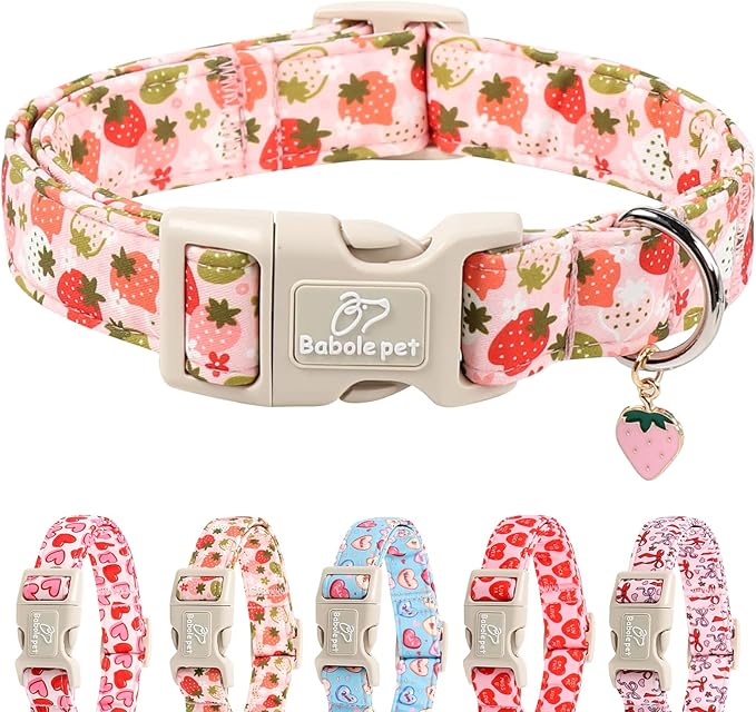 Strawberry Dog Collar for Small Dogs - Cute Spring Pink Dog Collars, Summer Pastel Puppy Collars, Soft Adjustable Boy Girl Dogs Collar with Quick-Release Buckle S