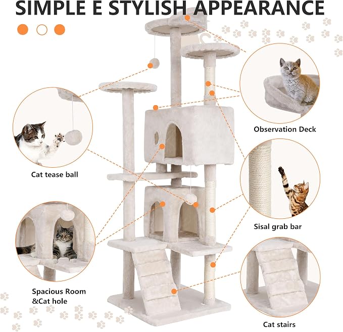 BestPet | 70" Cat Tree Tower | Beige | Sturdy Multi-Level Cat Tree | with Plush Condo, Cozy Perch, Sisal Scratching Posts, Hanging Toy and Hammock | Easy Assembly | for Kittens & Adult Cats