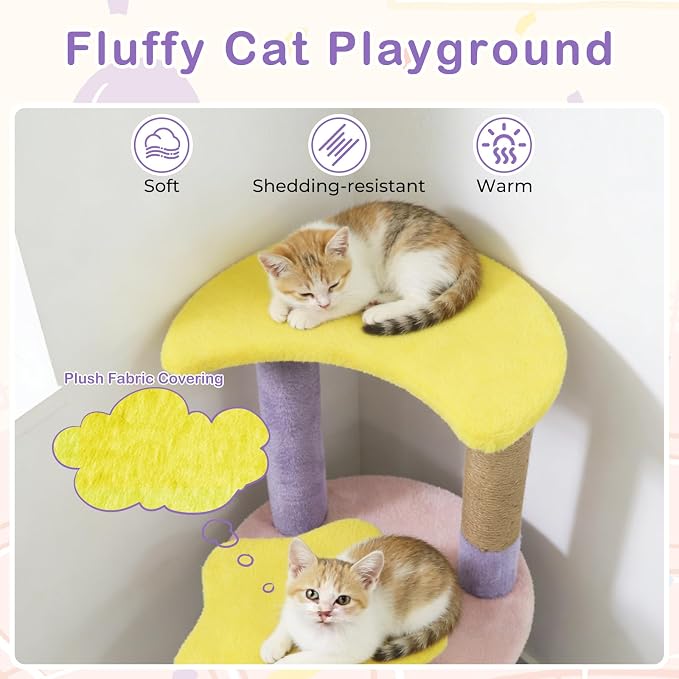 PETSITE 29-inch Cute Cat Tree, Multi-Level Small Cat Tree with Jute Scratching Post, Dangling Toy, Star and Moon-Shaped Perches, Ideal for Indoor Cats (Purple)