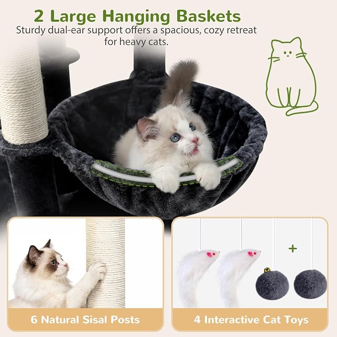 Globlazer 75in Sturdy Cat Tree Tower for Indoor Large Cats, S75, Dark Grey | Multi-Level Heavy Duty Cat Tower with Scratching Post, Oversized Condos & Perches for Big Cats, Large Baskets, Enlarged Base
